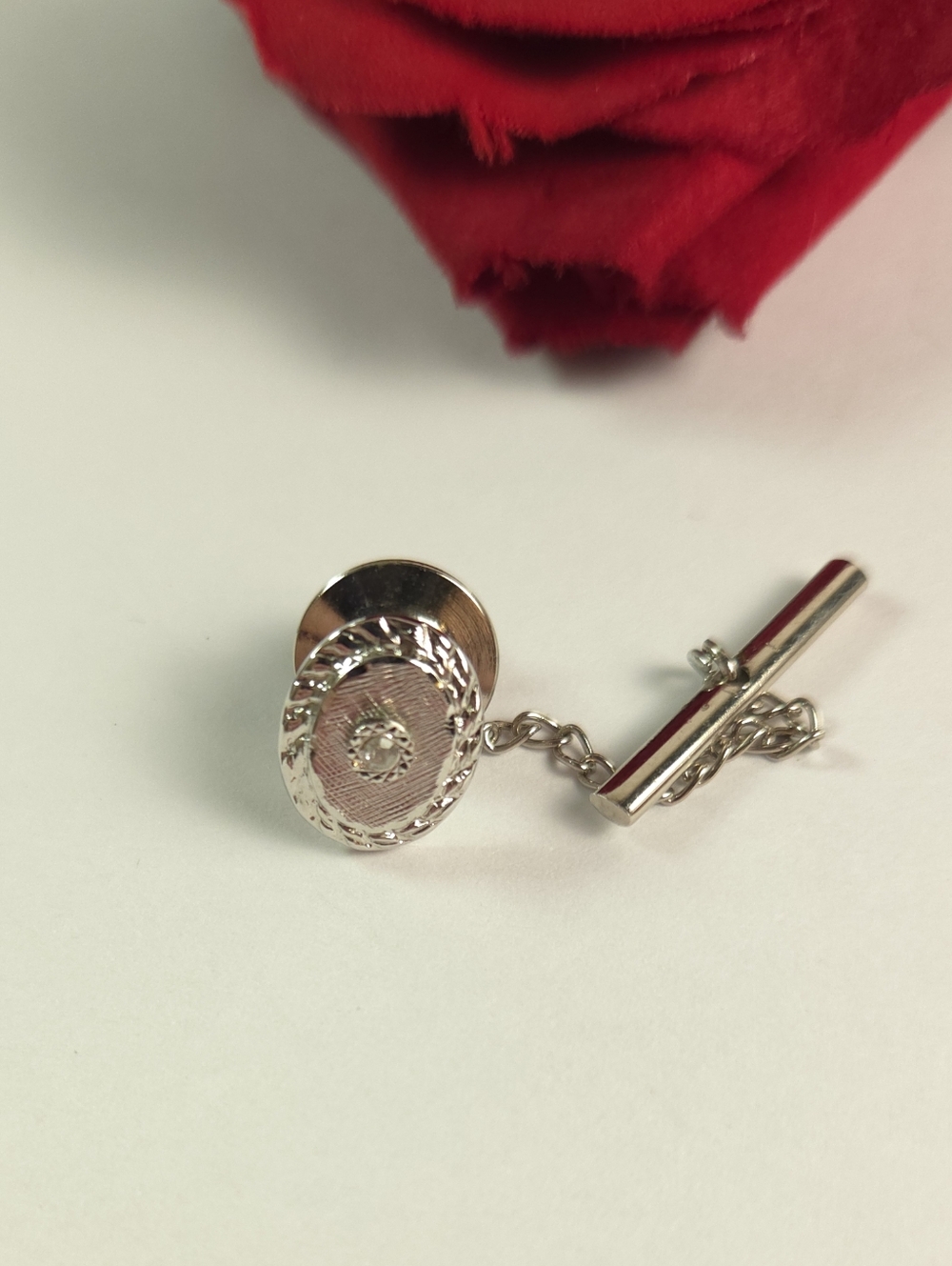 Vintage Silver Plate & Clear Crystal Tie Tack or Lapel Pin Art Deco Style